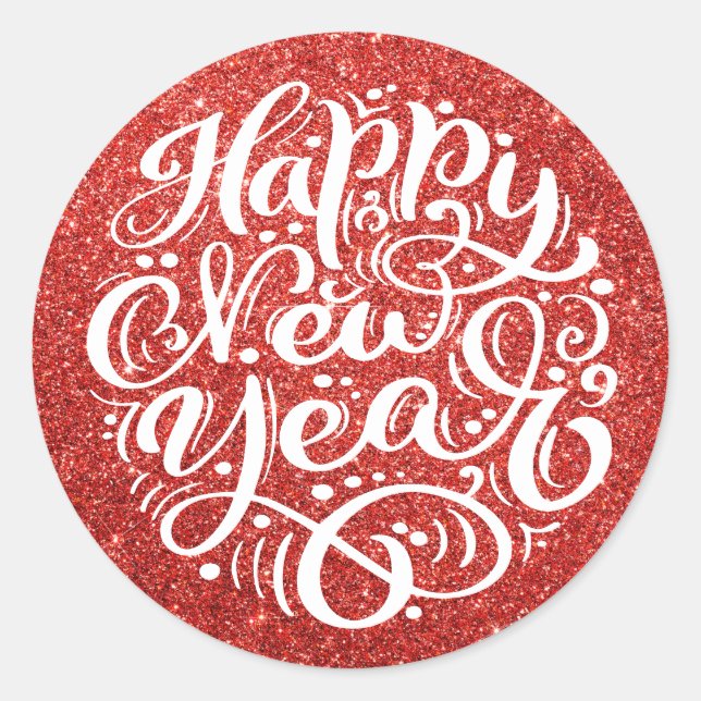 Happy New Year Modern Calligraphy Red Glitzer Runder Aufkleber (Vorderseite)