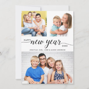 Happy New Year Modern Script 3 Foto Collage Feiertagskarte