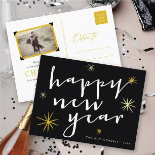 Happy New Year Modern Script Chic Gold Sternexplos Feiertagspostkarte
