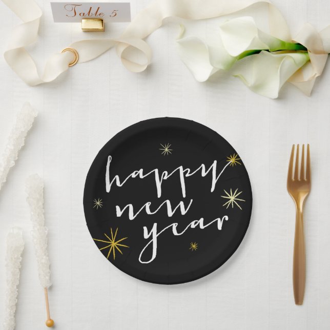 Happy New Year Modern Script Chic Gold Sternexplos Pappteller (Hochzeit)