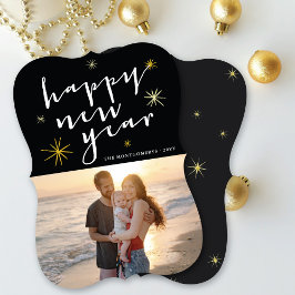 Happy New Year Modern Script Gold Sternexplosion F Feiertagskarte