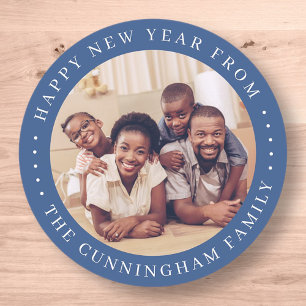 Happy New Year Modern Simple Chic Family Foto Runder Aufkleber