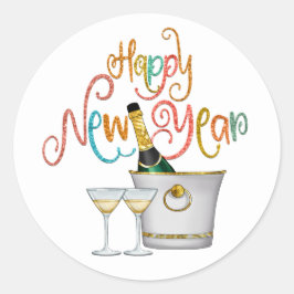 Happy New Year Multicolor Text Glitzer Champagne Runder Aufkleber