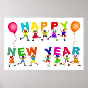 Happy New Year Niedlich Cartoon Diverse Kids Text Poster