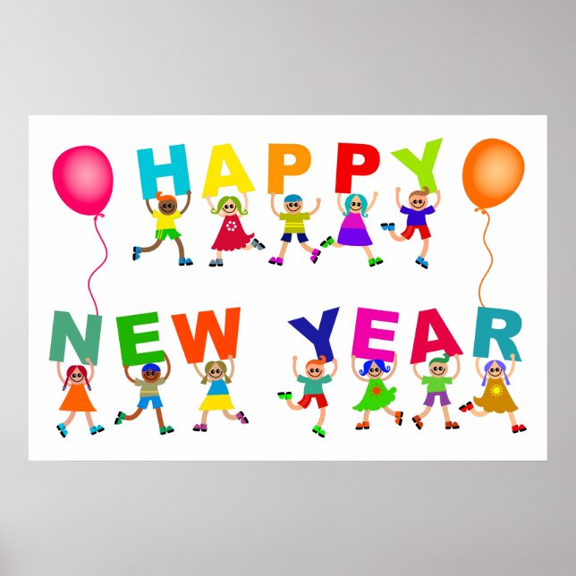 Happy New Year Niedlich Cartoon Diverse Kids Text Poster (Vorne)