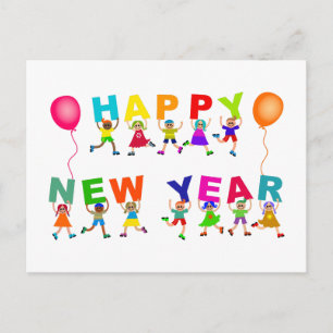 Happy New Year Niedlich Cartoon Diverse Kids Text Postkarte