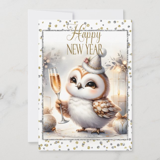 Happy New Year Owl Ankündigung (Vorderseite)