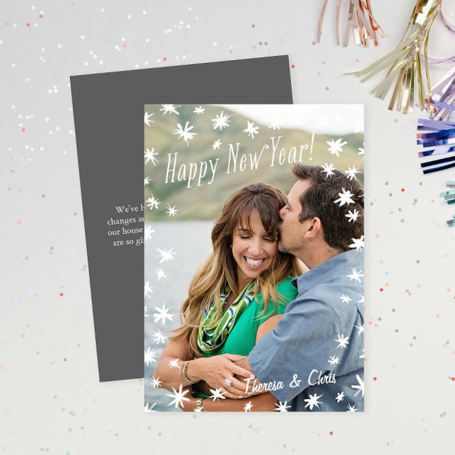 Happy New Year Painted Stars White Flat Foto Card Einladung (Von Creator hochgeladen)