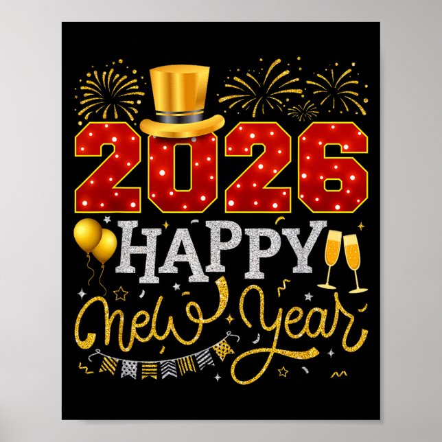 Happy New Year Party 2026 Ballon Familienpassende  Poster (Vorne)