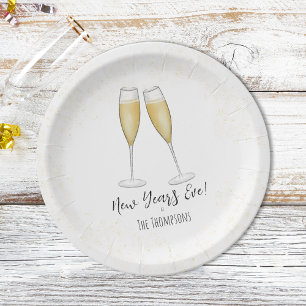 Happy New Year Party Champagne Watercolor Gold Pappteller