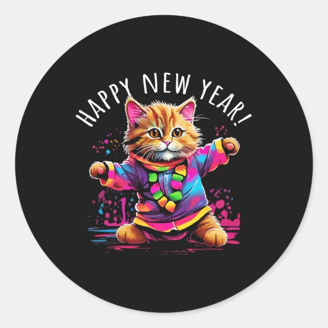 Happy New Year Party Dancing Cat Design Runder Aufkleber (Vorderseite)