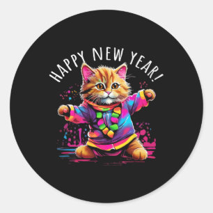 Happy New Year Party Dancing Cat Design Runder Aufkleber