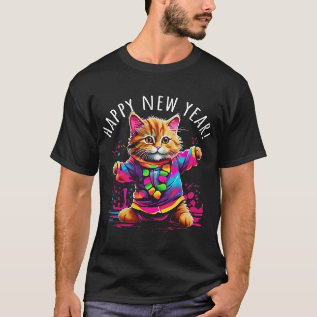Happy New Year Party Dancing Cat Design  T-Shirt (Vorderseite)