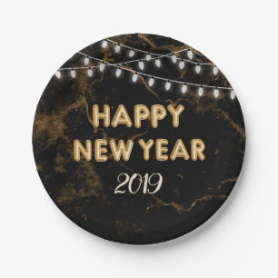 Happy New Year Party Gold Balloons Lights Black Pappteller