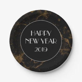 Happy New Year Party Gold Black Marble Pappteller