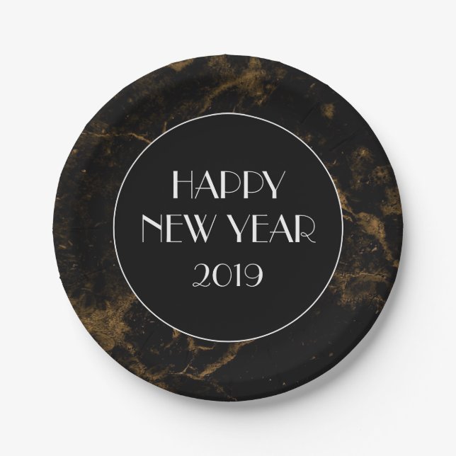 Happy New Year Party Gold Black Marble Pappteller (Vorderseite)