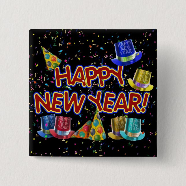 Happy New Year Party Hats Button (Vorderseite)