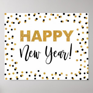 Happy New Year Party Sign Black & Gold Confetti Poster