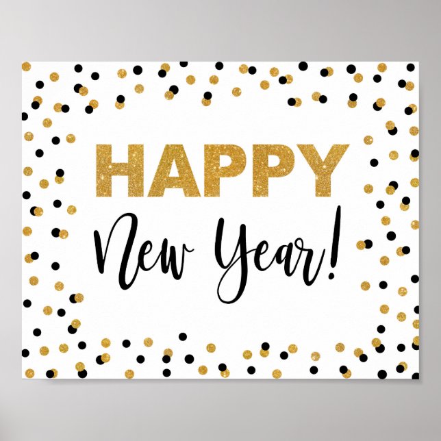 Happy New Year Party Sign Black & Gold Confetti Poster (Vorne)