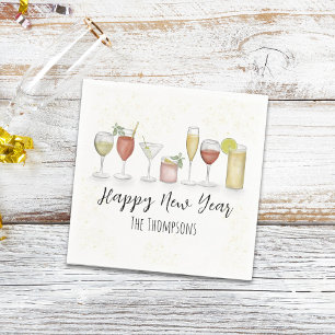 Happy New Year Party Watercolor Cocktail Drinks Serviette
