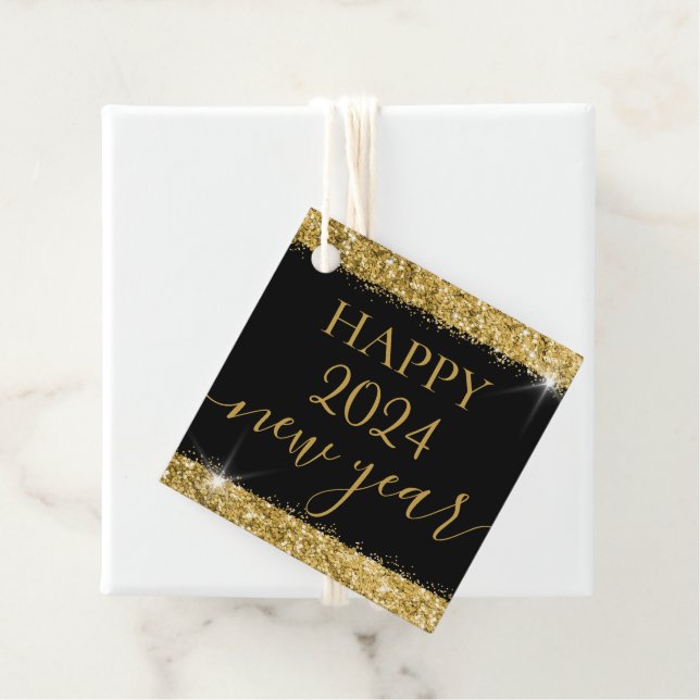 Happy New Year Personalisiert Black Gold Glitzer Geschenkanhänger (Beispiel)