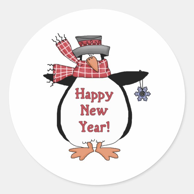 Happy New Year Pinguin Runder Aufkleber (Vorderseite)