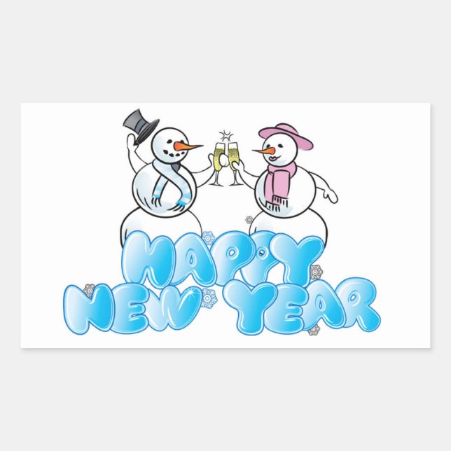 Happy New Year Rectangle Stickers/Snowmen Rechteckiger Aufkleber (Vorderseite)