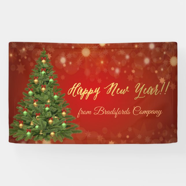 Happy New Year, Red, Christmas Tree Banner (Horizontal)
