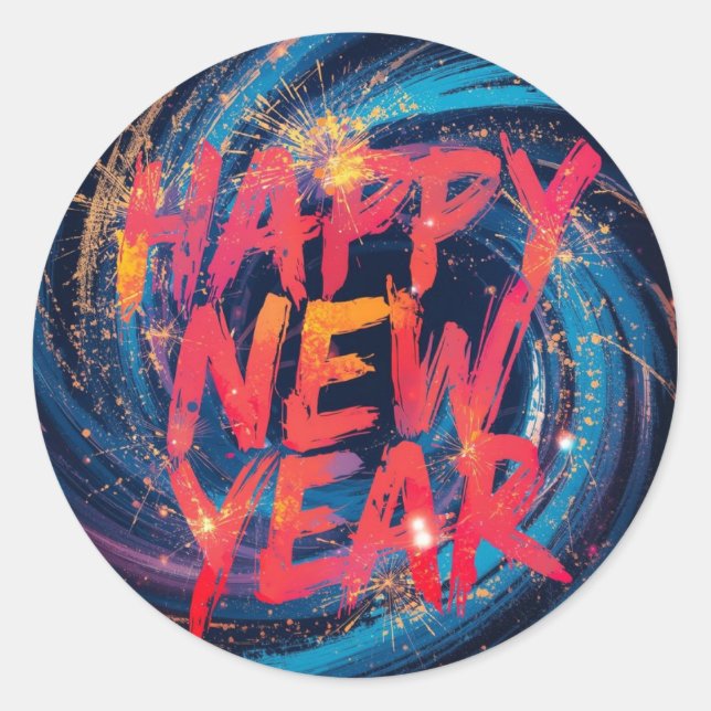 Happy New Year Red sparkle script Runder Aufkleber (Vorderseite)