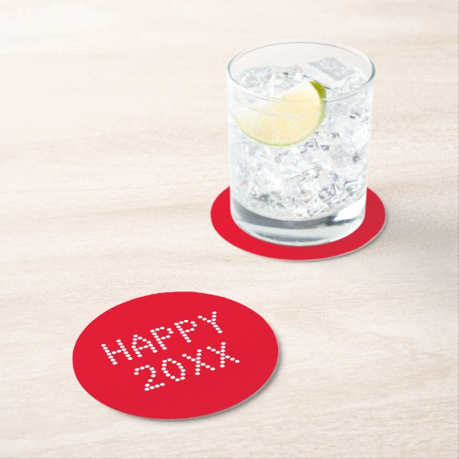 Happy New Year Red White Custom Number Moderne Runder Pappuntersetzer (Vor Ort)