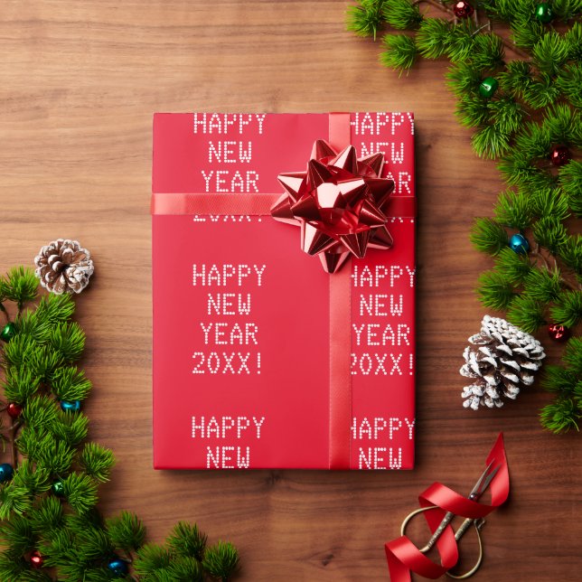 Happy New Year Red White Custom Text modern Geschenkpapier (Feiertagsgeschenk)