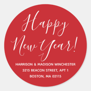 Happy New Year Red White Script Rücksendeadresse Runder Aufkleber