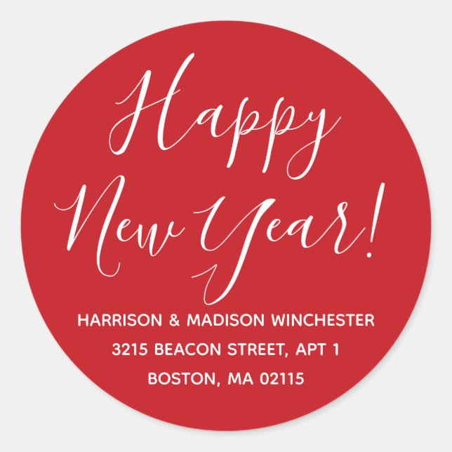 Happy New Year Red White Script Rücksendeadresse Runder Aufkleber (Vorderseite)