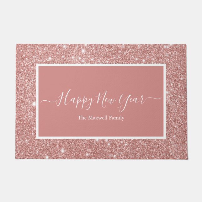 Happy New Year Rose Gold Glitzer Familienname Fußmatte (Vorderseite)