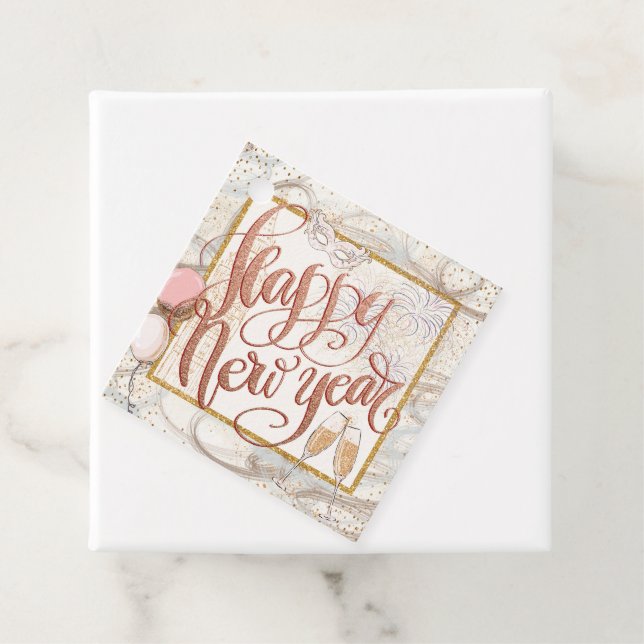 Happy New Year Rose Gold Script Champagne Geschenkanhänger (Beispiel)