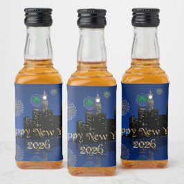 Happy New Year’s Eve Midnight Fireworks City Light Alkoholflaschenetikett
