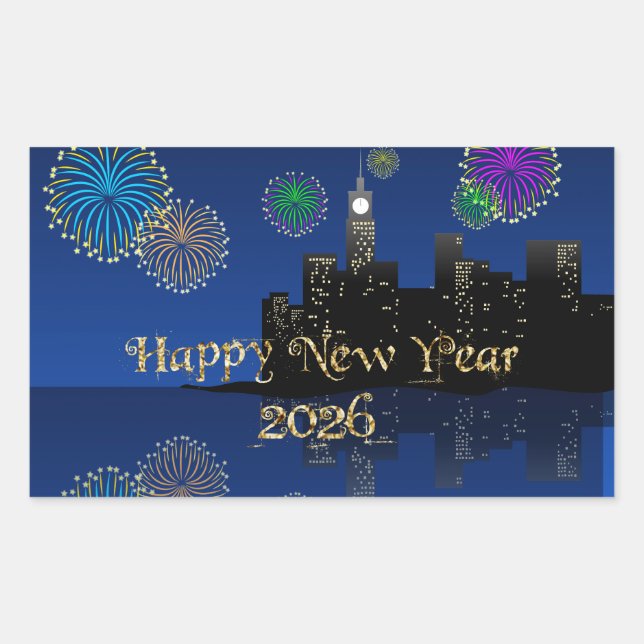 Happy New Year’s Eve Midnight Fireworks City Light Rechteckiger Aufkleber (Vorderseite)
