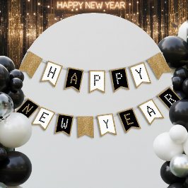Happy New Year Schwarz-weiß & Gold Glitzer Wimpelkette