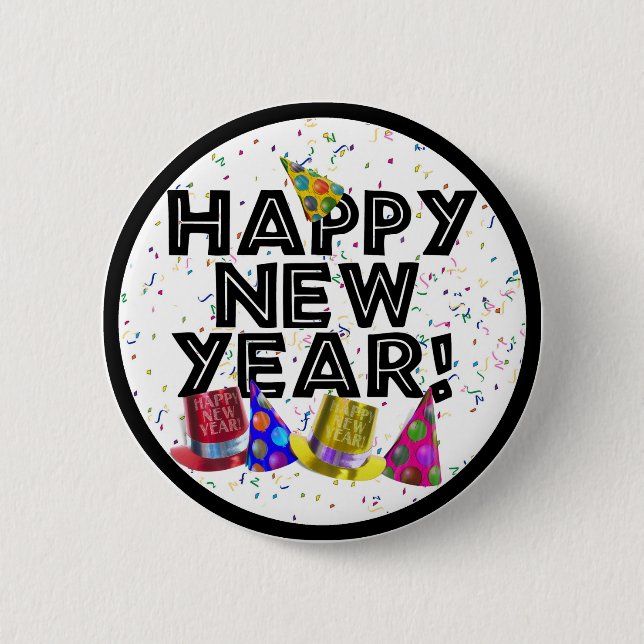 Happy New Year - Schwarzer Text mit Party Hats Button (Vorderseite)