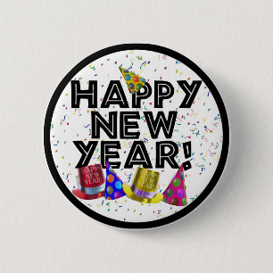 Happy New Year - Schwarzer Text mit Party Hats Button
