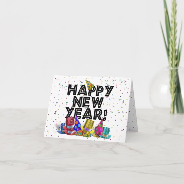 Happy New Year - Schwarzer Text mit Party Hats Einladung (Vorderseite)