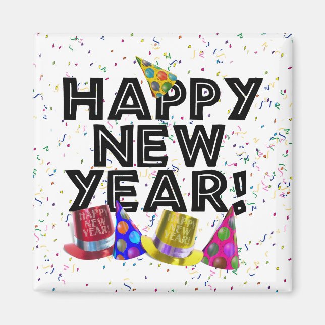 Happy New Year - Schwarzer Text mit Party Hats Magnet (Vorne)