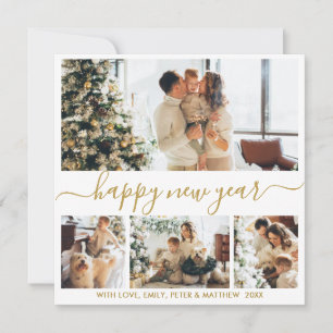 Happy New Year Script Gold White 4 Foto Collage Feiertagskarte
