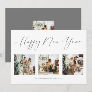 Happy New Year Script Gray 2 Multi Foto Collage Feiertagskarte