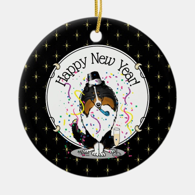 Happy New Year Shetland Sheepdog (Trikolon) Niedli Keramik Ornament (Vorne)