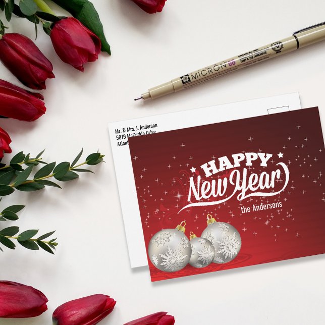 Happy New Year | Silver Baubles | Rot Postkarte (Von Creator hochgeladen)