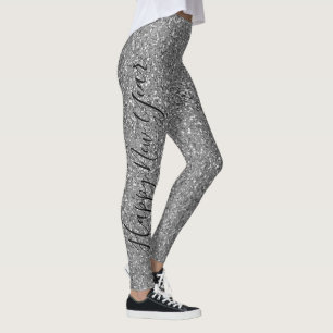 Happy New Year Silver Glitzer Black Script Party Leggings