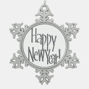 Happy New Year - Silver Text Schneeflocken Zinn-Ornament