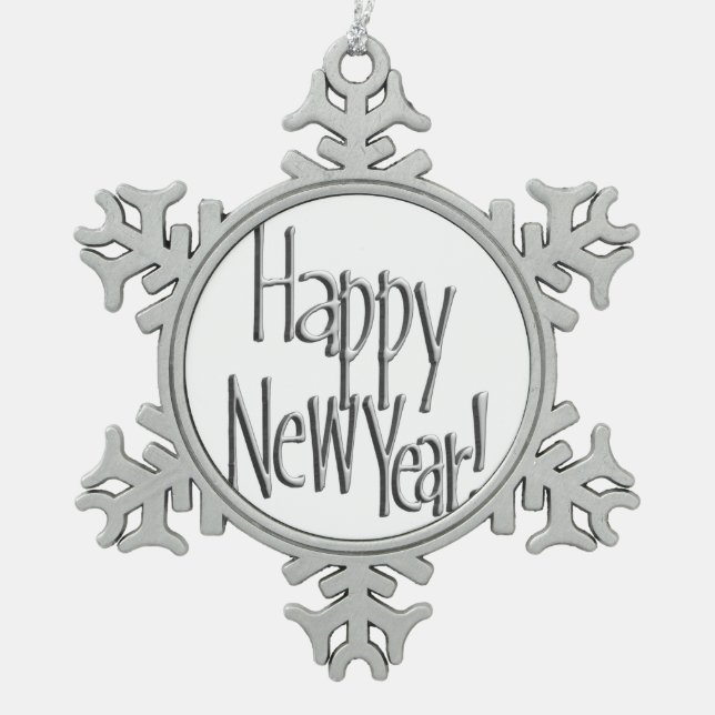 Happy New Year - Silver Text Schneeflocken Zinn-Ornament (Vorderseite)