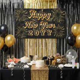 Happy New Year Simple Black And Gold Party Banner